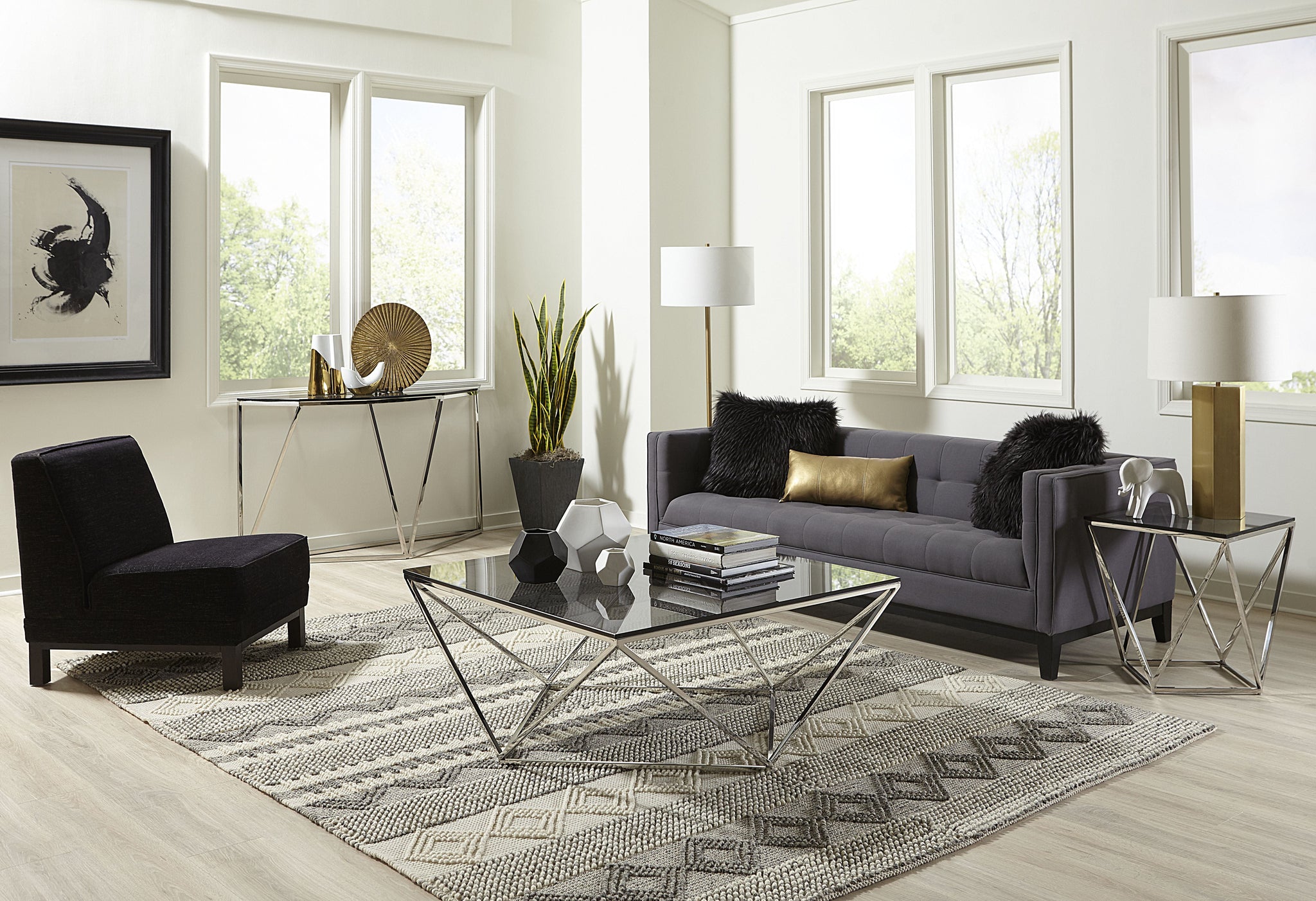 Table basse Aria en verre fumé et acier inoxydable poli