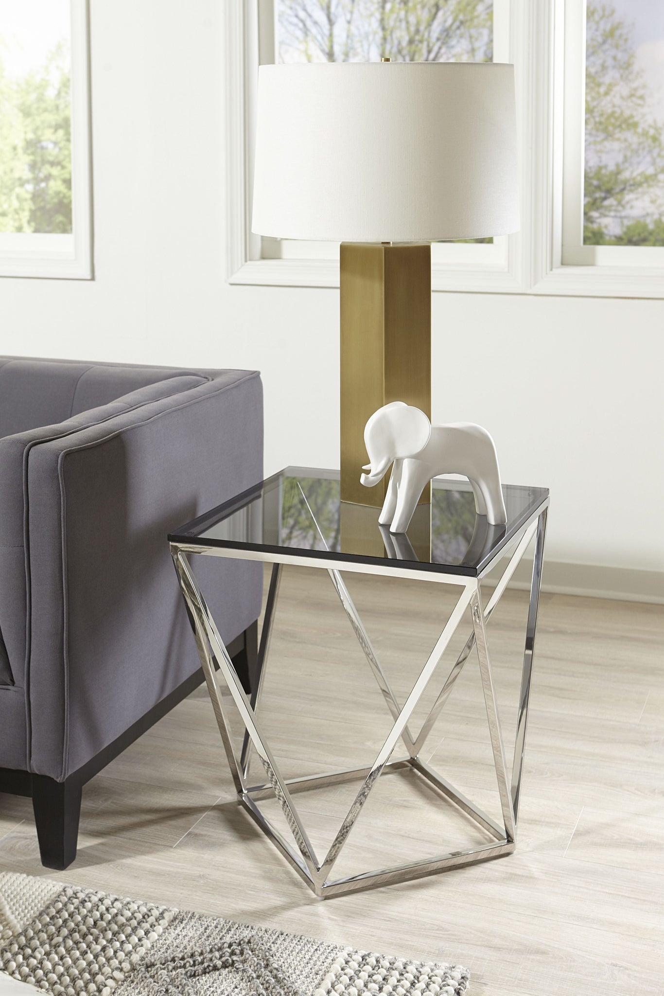 Table d'appoint Aria en verre fumé et acier inoxydable poli