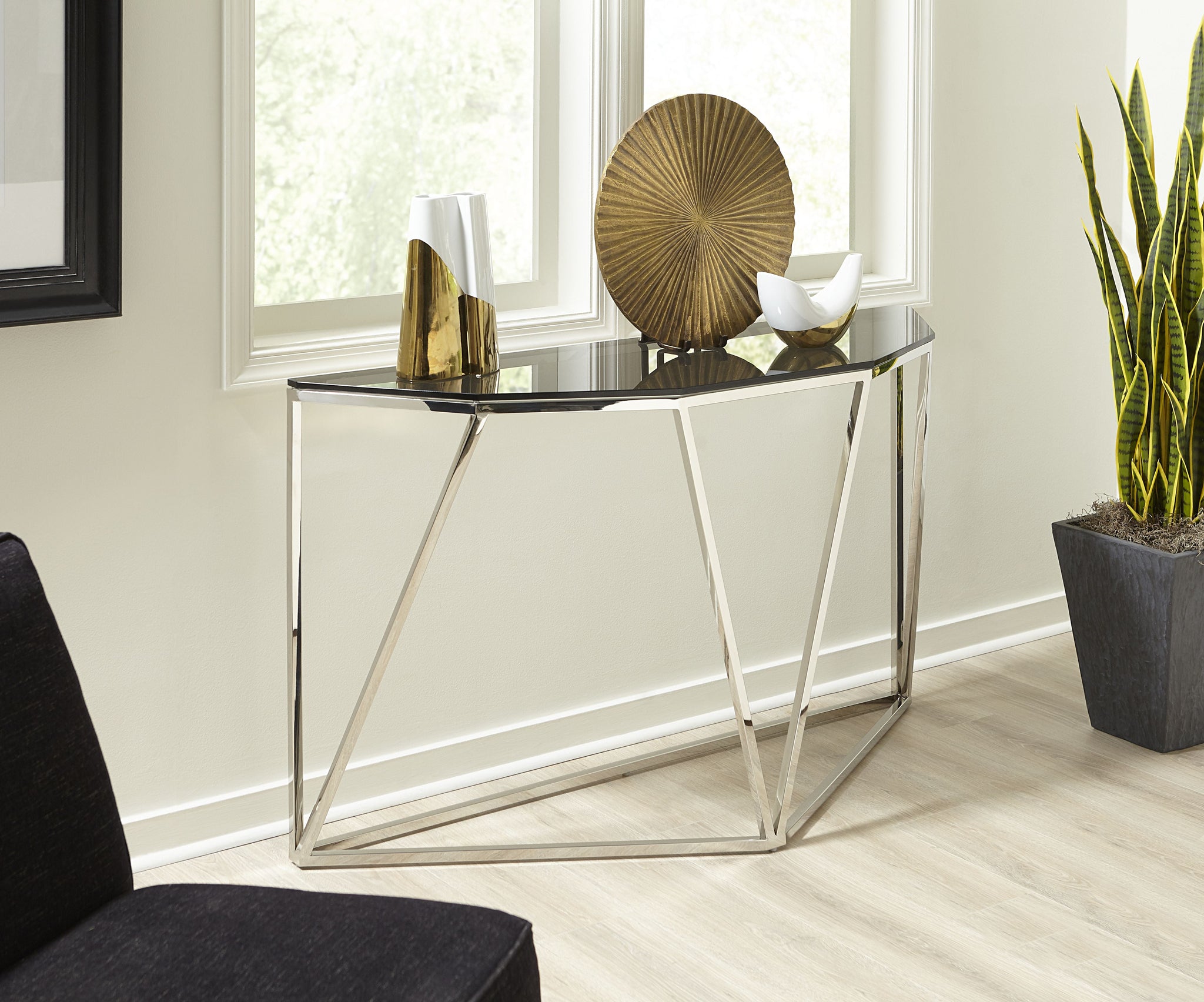 Console Aria en verre fumé et acier inoxydable poli