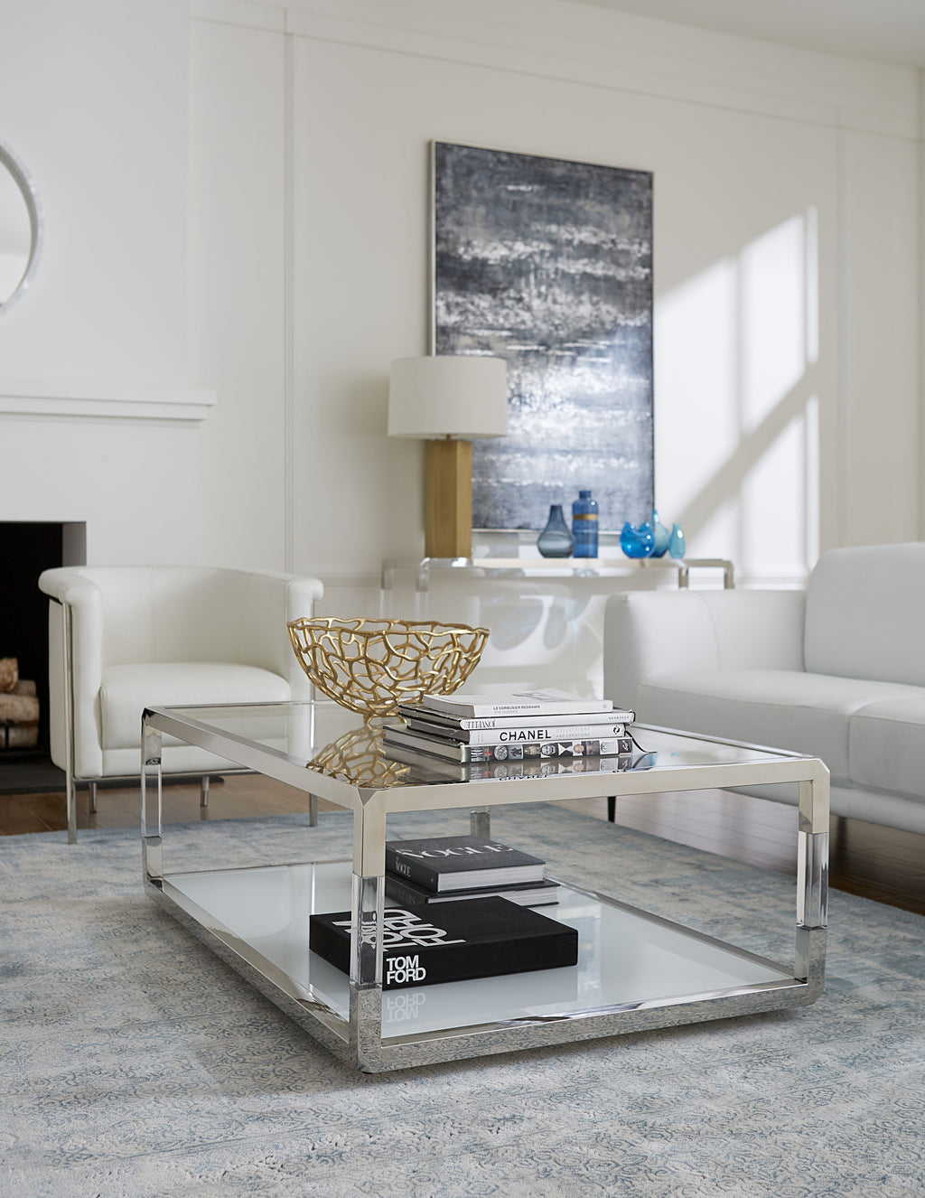 Table basse rectangulaire Jasper en acrylique, verre blanc et acier inoxydable poli