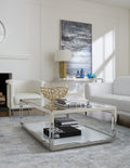 Table basse rectangulaire Jasper en acrylique, verre blanc et acier inoxydable poli