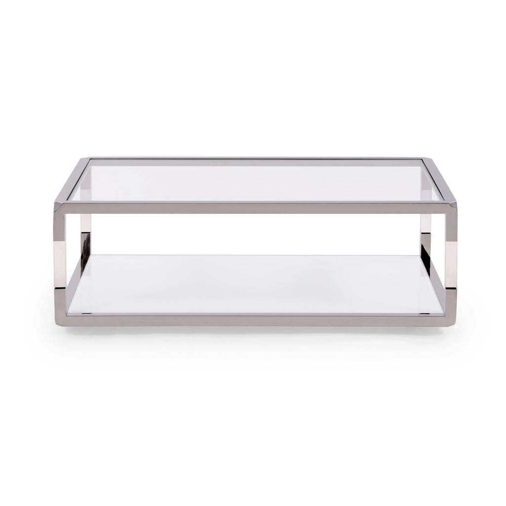 Table basse rectangulaire Jasper en acrylique, verre blanc et acier inoxydable poli