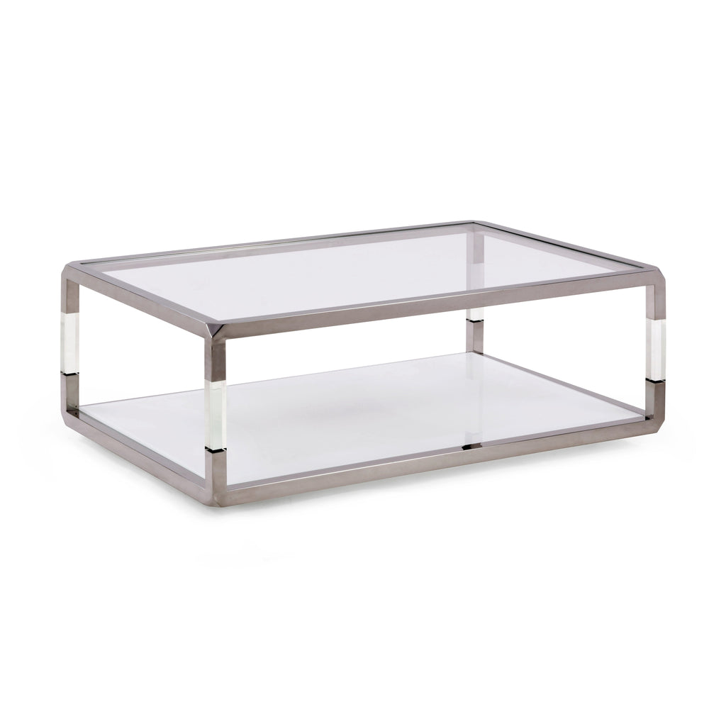 Table basse rectangulaire Jasper en acrylique, verre blanc et acier inoxydable poli