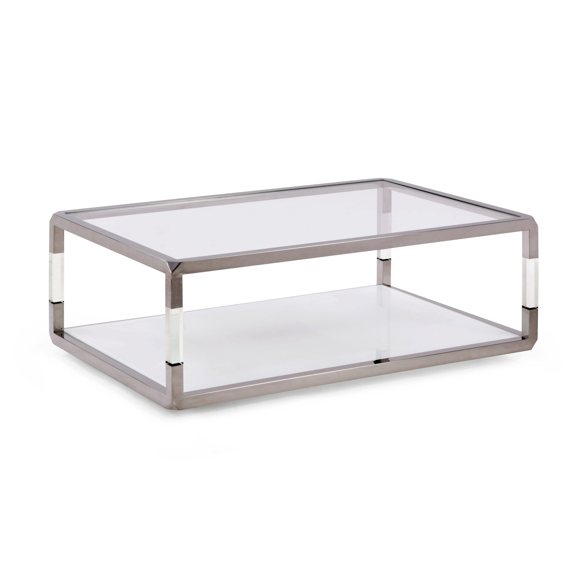 Table basse rectangulaire Jasper en acrylique, verre blanc et acier inoxydable poli