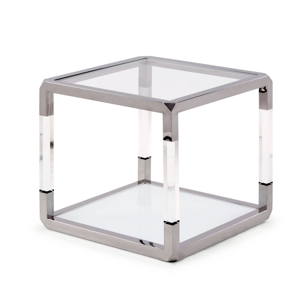Table d'appoint Jasper en acrylique, verre blanc et acier inoxydable poli