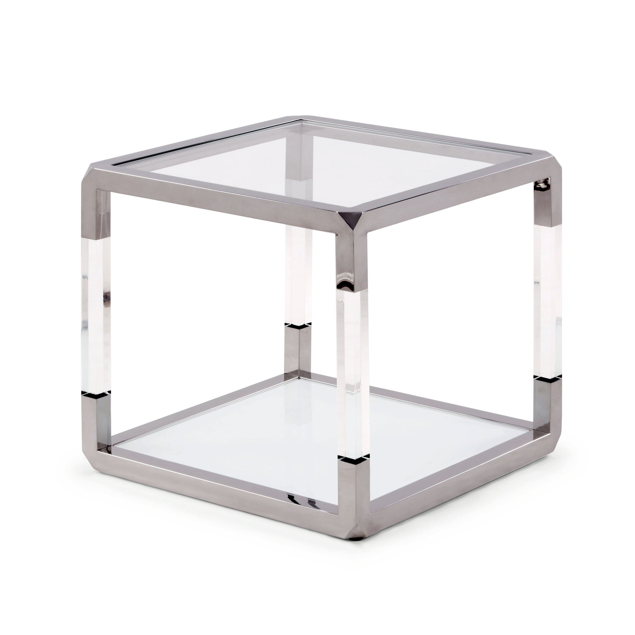 Table d'appoint Jasper en acrylique, verre blanc et acier inoxydable poli