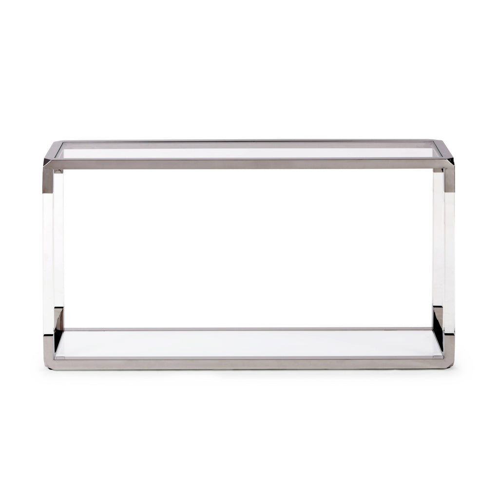 Table-console Jasper en acrylique, verre blanc et acier inoxydable poli