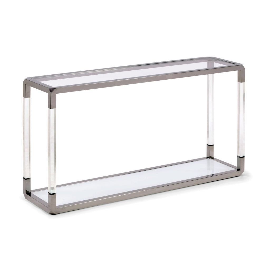 Table-console Jasper en acrylique, verre blanc et acier inoxydable poli