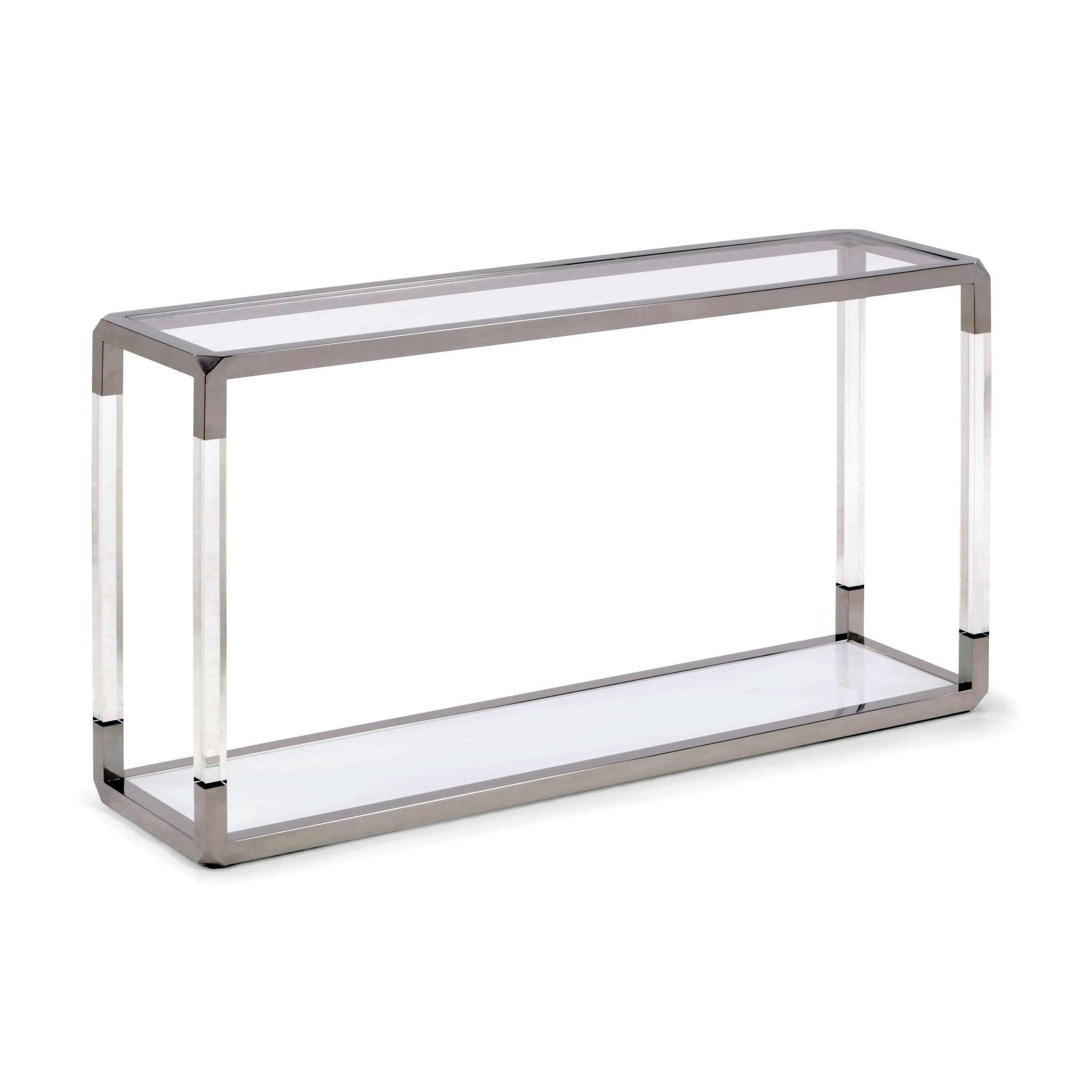 Table-console Jasper en acrylique, verre blanc et acier inoxydable poli