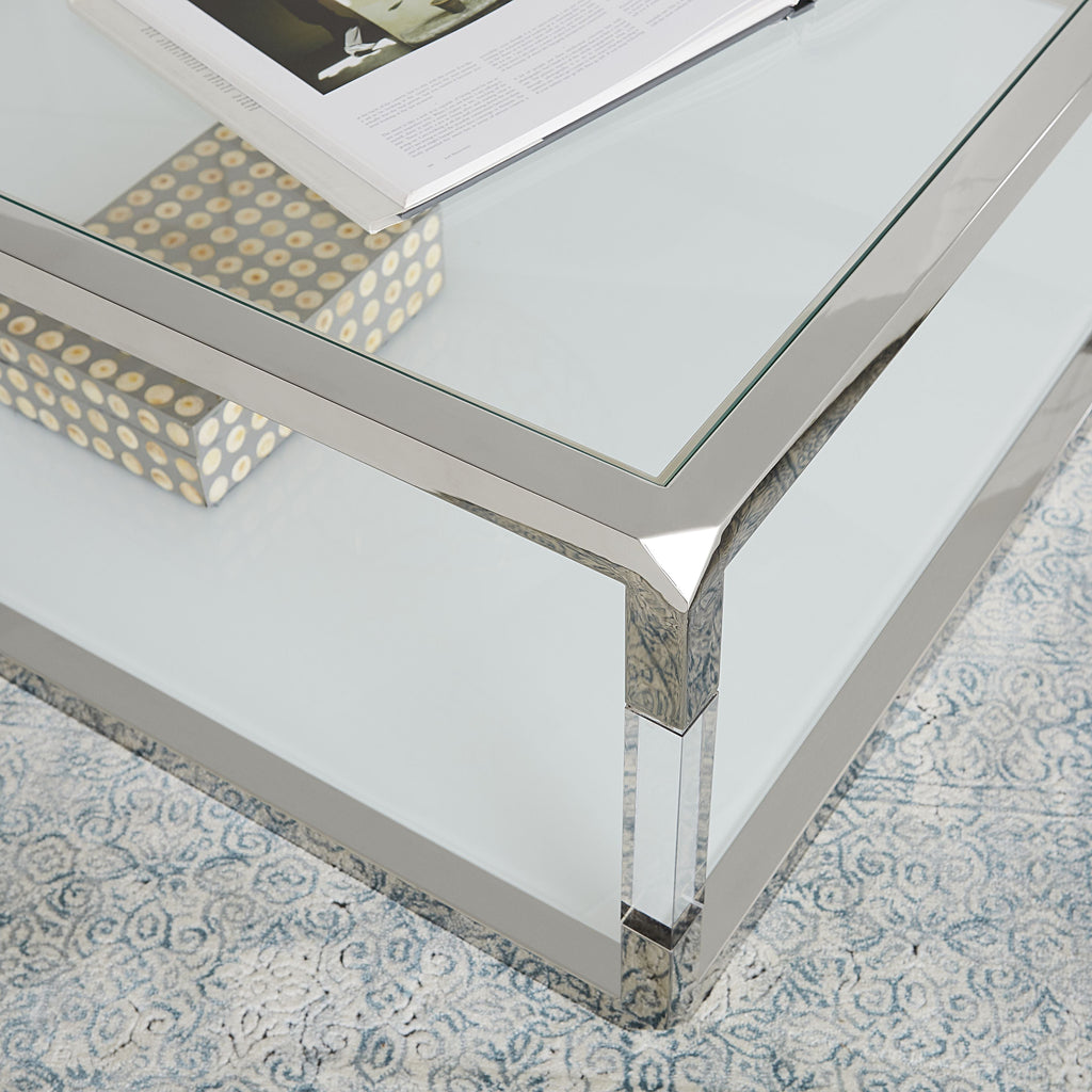 Table-console Jasper en acrylique, verre blanc et acier inoxydable poli