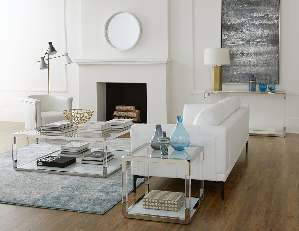 Table-console Jasper en acrylique, verre blanc et acier inoxydable poli