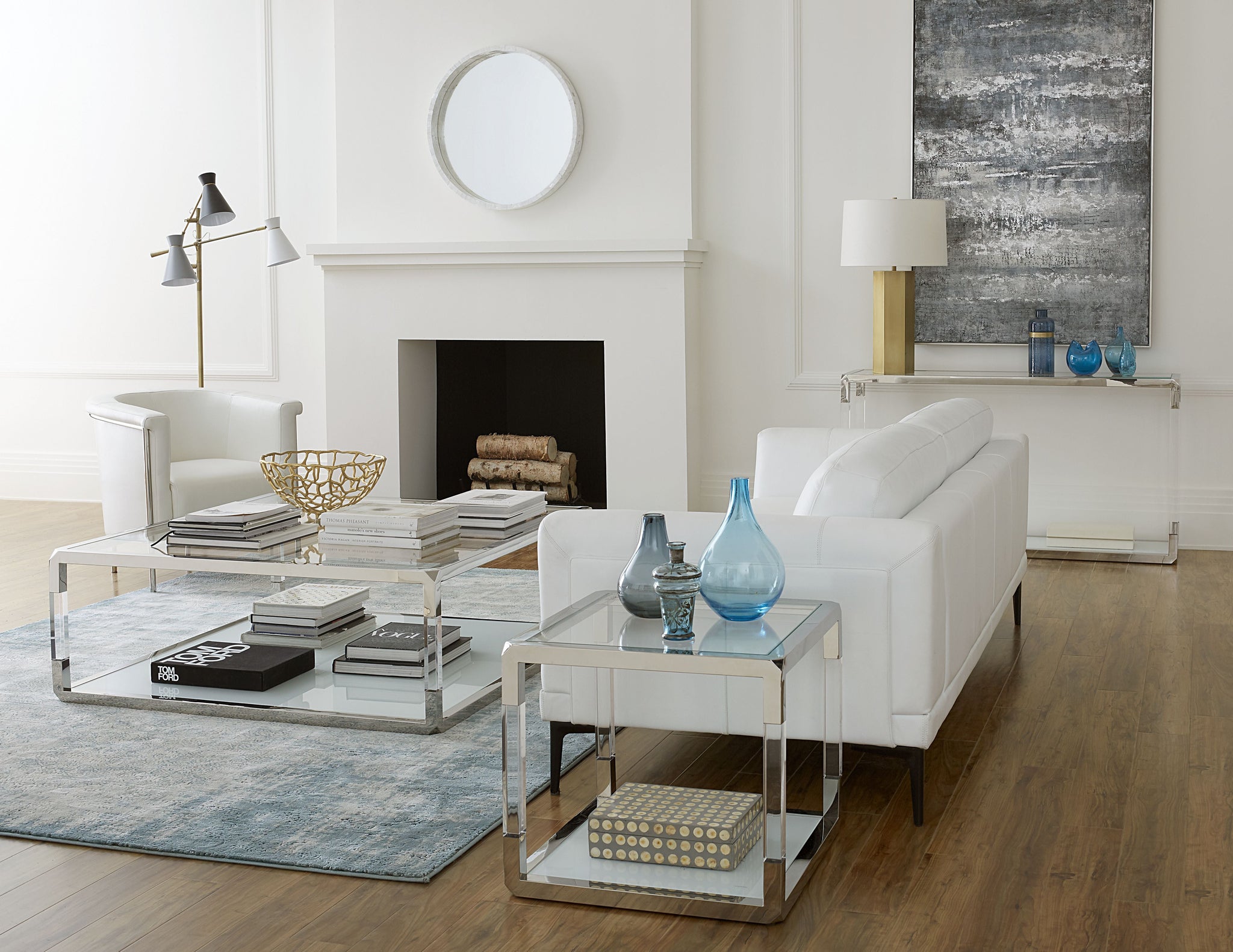 Table-console Jasper en acrylique, verre blanc et acier inoxydable poli