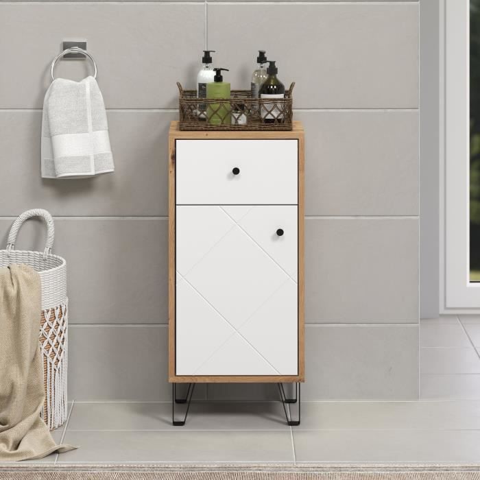 Meuble de salle de bains Touch, blanc mat, décor chêne.