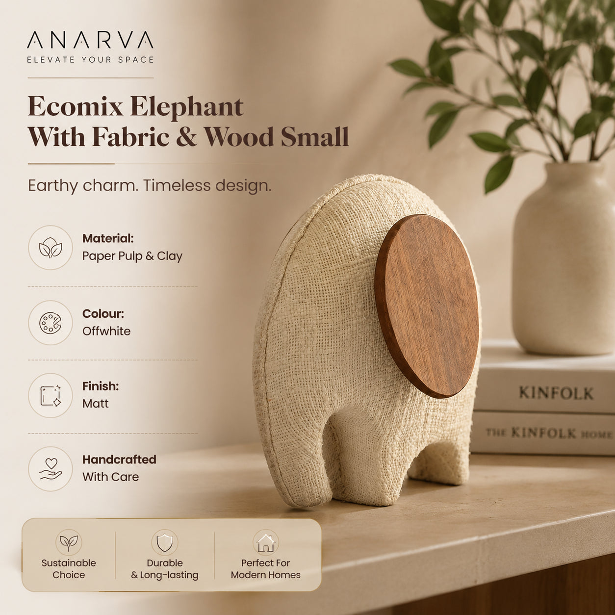 Figurine d'éléphant en tissu ecomix et bois de manguier