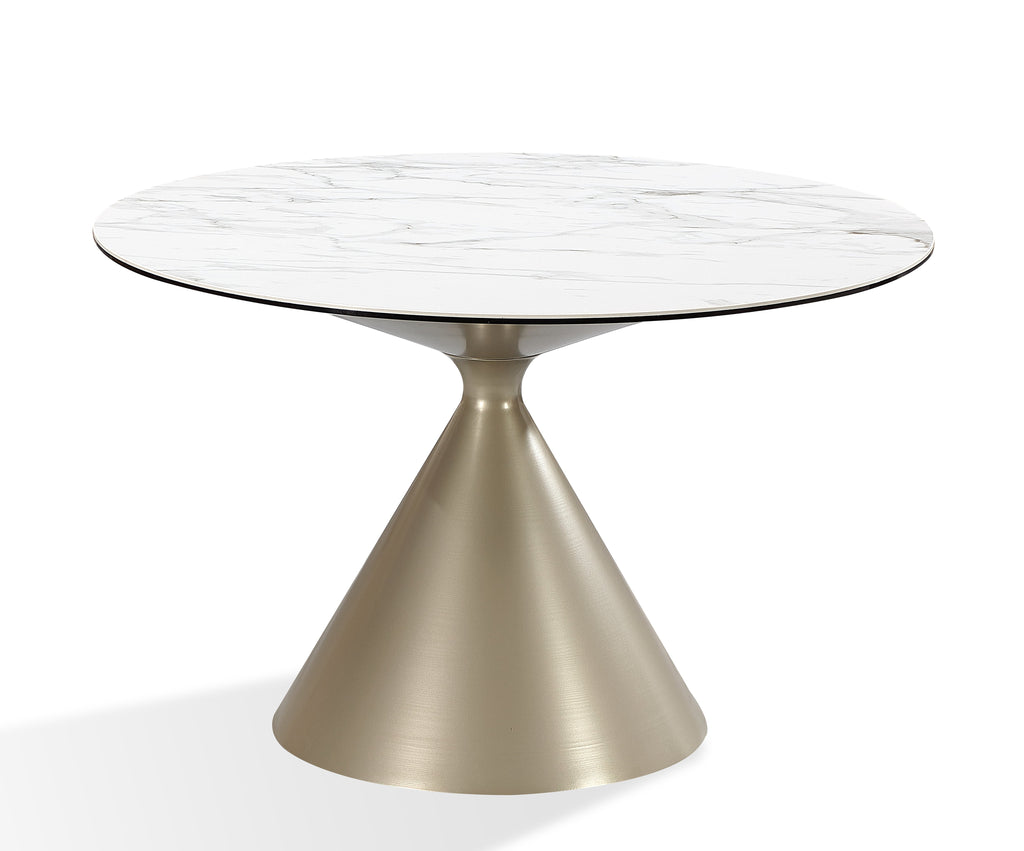 Table de salle à manger ronde Winston — plateau en pierre, piètement métallique, coloris Lait d'avoine et Champagne