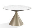 Table de salle à manger ronde Winston — plateau en pierre, piètement métallique, coloris Lait d'avoine et Champagne