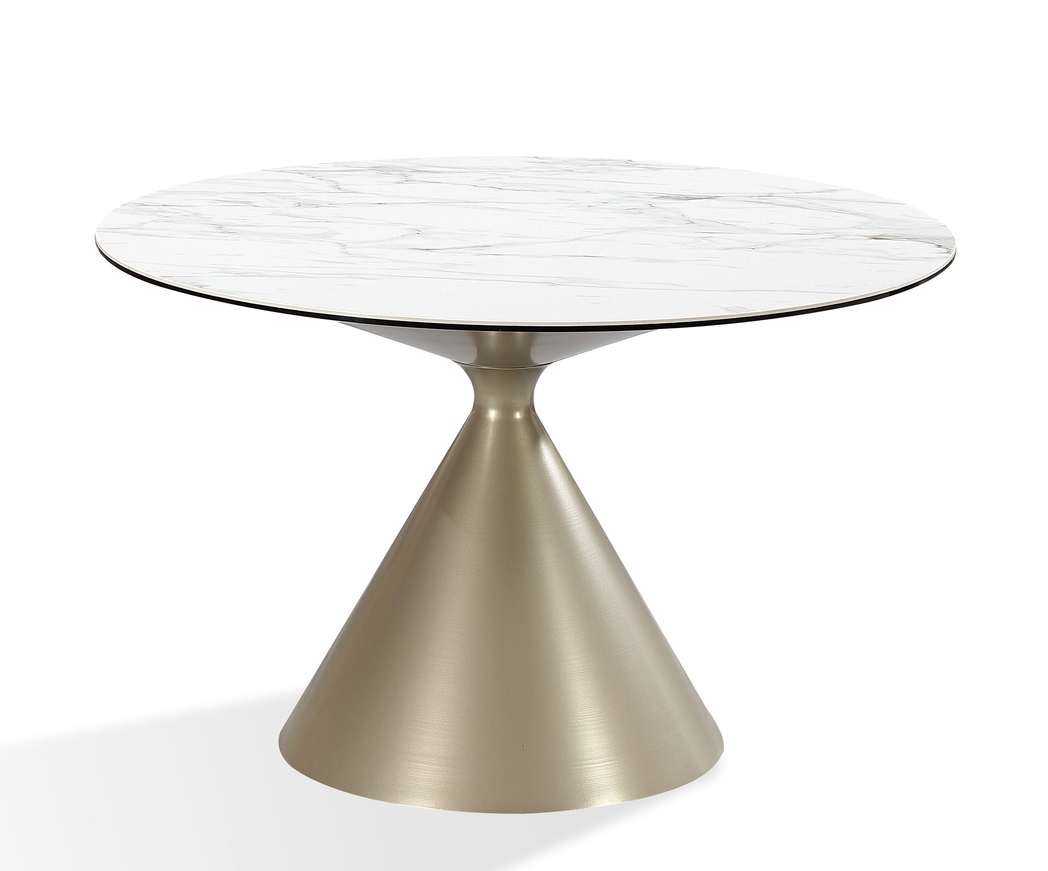 Table de salle à manger ronde Winston — plateau en pierre, piètement métallique, coloris Lait d'avoine et Champagne