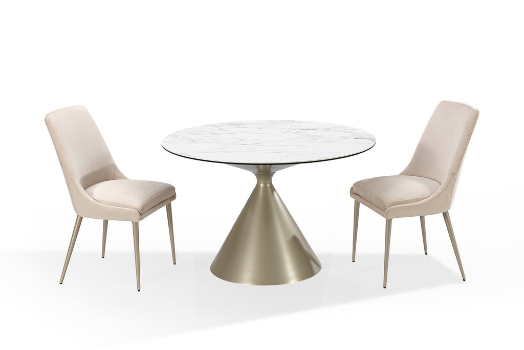 Table de salle à manger ronde Winston — plateau en pierre, piètement métallique, coloris Lait d'avoine et Champagne