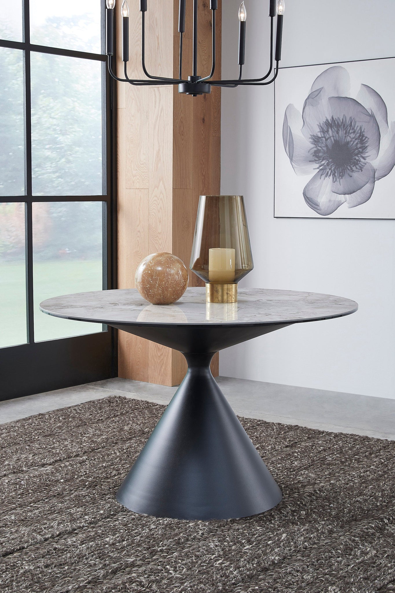 Table ronde de salle à manger Winston, plateau en pierre et piètement en métal, coloris gris