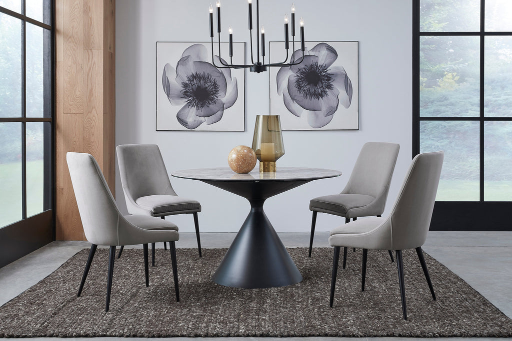 Table ronde de salle à manger Winston, plateau en pierre et piètement en métal, coloris gris