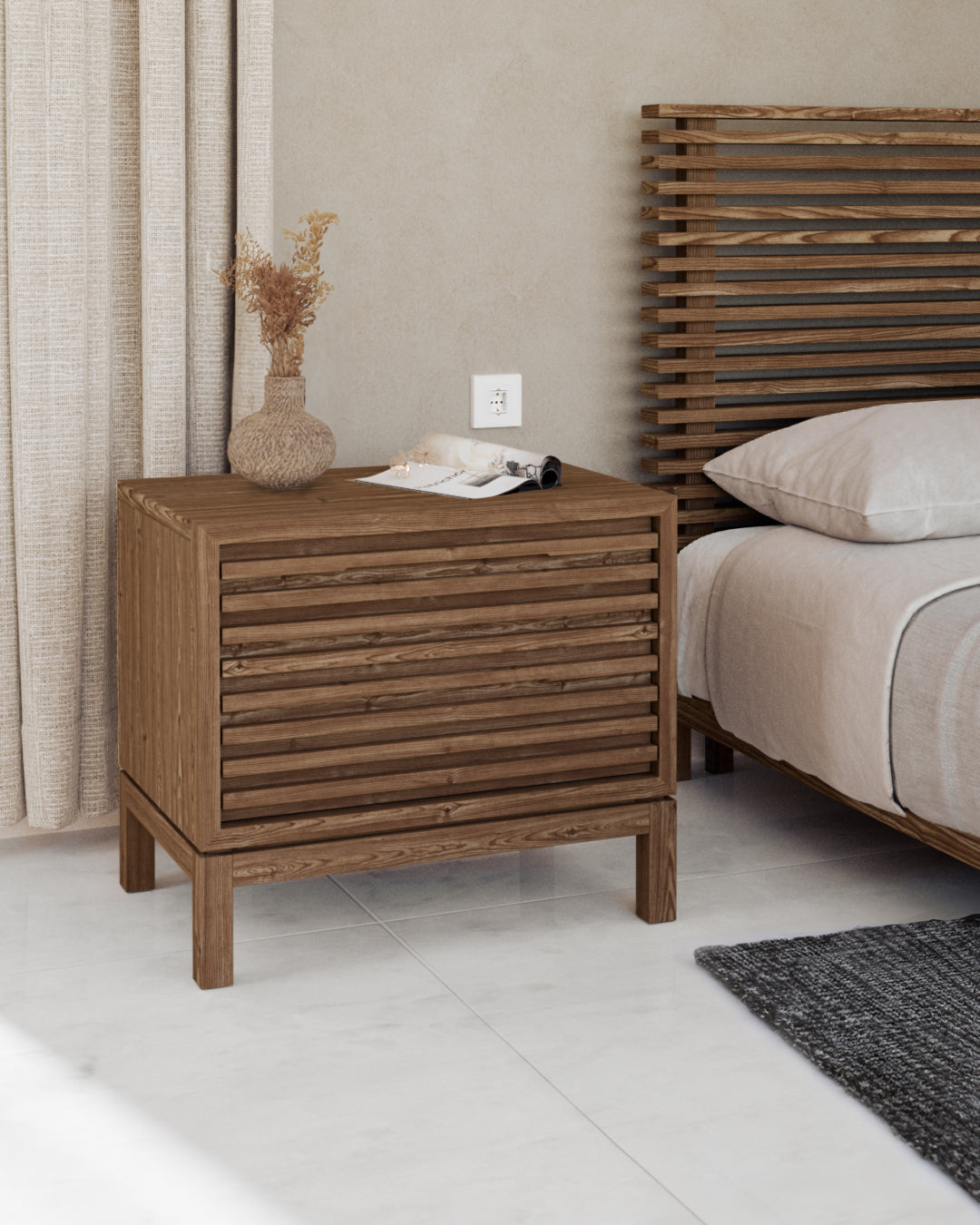 Tanner table de chevet en frêne à deux tiroirs, finition Roux