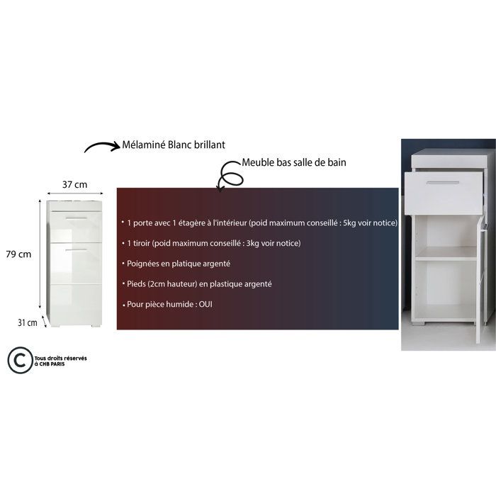 AMANDA meuble bas de salle de bains - 1 porte + 1 tiroir - L37 x P31 x H79 cm - Blanc - TRENDTEAM