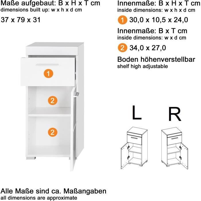 AMANDA meuble bas de salle de bains - 1 porte + 1 tiroir - L37 x P31 x H79 cm - Blanc - TRENDTEAM